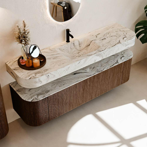 MONDIAZ THOR-DLUX 170cm badmeubel ronding links + rechts kleur Walnut met 1 lade en 2 deuren. Vrijhangende wastafel CLOUD Midden 1 kraangat kleur Glace. SW1465570