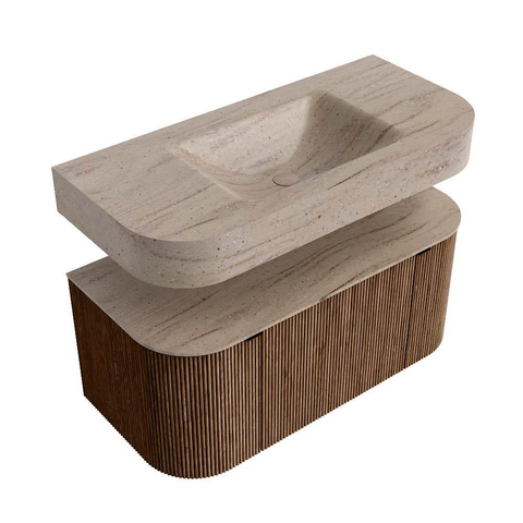 MONDIAZ THOR-DLUX 100cm badmeubel ronding links + rechts kleur Walnut met 1 lade en 2 deuren. Vrijhangende wastafel CLOUD Midden zonder kraangat kleur Saba. SW1467555