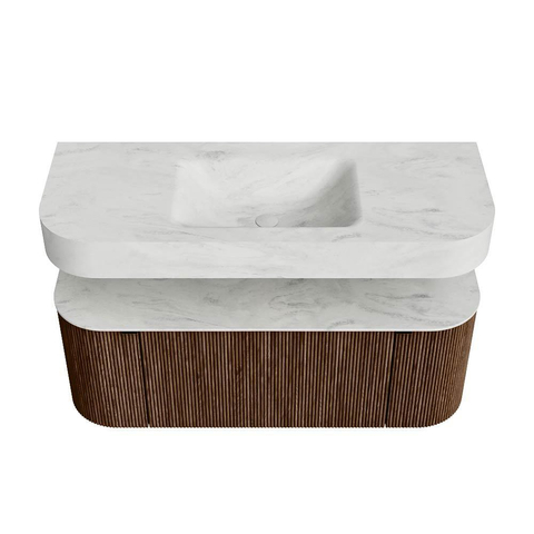 MONDIAZ THOR-DLUX 120cm badmeubel ronding links + rechts kleur Walnut met 1 lade en 2 deuren. Vrijhangende wastafel CLOUD Midden zonder kraangat kleur Opalo. SW1463227