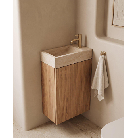 Saniclass Holz Atelier Toiletmeubelset - 40x60.5cm - 1 deur - fontein travertine - kraangat rechts - eiken natural SW1577781