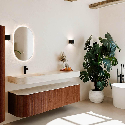 MONDIAZ THOR-DLUX Meuble de salle de bains - 170cm - arrondi gauche + droite - couleur Ruby - 1 tiroir et 2 portes - Vasque suspendue CLOUD Gauche 1 trou de robinet - couleur Meli SW1465775