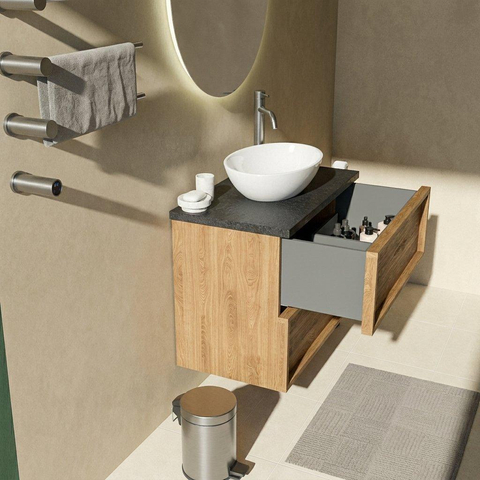 Saniclass Holz Frame Badkamermeubelset - 80x45x63cm - Noche basalten wastafelblad gepolijst (zwart) - 1 kraangat - 2 lades - mat eiken natural (hout) SW1579900