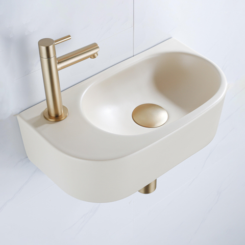 Fugaflow Efficiente Ensemble Fontaine Pietra - 40x21,5x12 cm - gauche - lisse - demi-ronde - 1 trou de robinet - céramique - robinet de fontaine en laiton brossé - bouchon de vidange - siphon abaissé - beige SW1442427