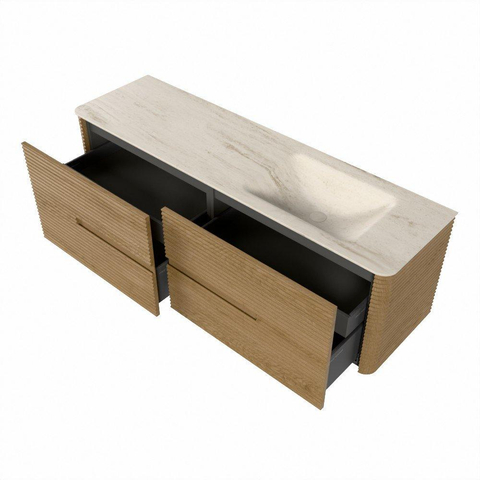 Mondiaz CIRO-DLUX Meuble de salle de bains - 160x45x50cm - Plan vasque solid surface Meli - 1 vasque à droite - 1 trou de robinet - 4 tiroirs - Chêne SW1531397