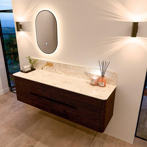 Mondiaz CIRO-DLUX Ensemble de meubles de salle de bains - 170x45x50cm - plan-vasque solid surface Ostra - 1 bassin à gauche - sans trous de robinet - 4 tiroirs - Noyer SW1530388
