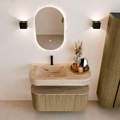 MONDIAZ THOR-DLUX 100cm meuble de salle de bains arrondi gauche + droite couleur Dusk avec 1 tiroir et 2 portes. Vasque suspendue CLOUD gauche 1 trou de robinet couleur Arena. SW1467455