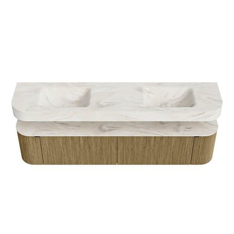 MONDIAZ THOR-DLUX 200cm meuble de salle de bains arrondi gauche + droite couleur Dusk avec 2 tiroirs et 2 portes. Vasque suspendue CLOUD Double 2 trous de robinet couleur Ostra. SW1466865