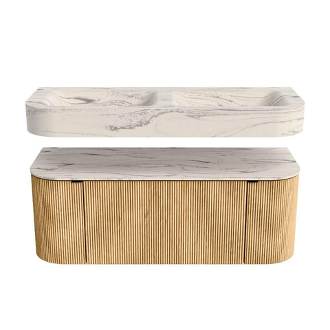 MONDIAZ THOR-DLUX 120cm badmeubel ronding links + rechts kleur Oak met 1 lade en 2 deuren. Vrijhangende wastafel CLOUD Dubbel 2 kraangaten kleur Nata. SW1463356