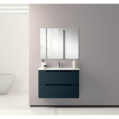 Saniclass Prime Balance Meuble de salle de bain - 80x55x45cm - 1 vasque rectangulaire en céramique blanc - 1 trou de robinet - 2 tiroirs - miroir rectangulaire - mat marine bleu SW916180