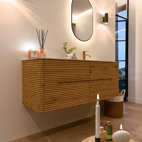 Mondiaz CIRO-DLUX Ensemble de meubles de salle de bains - 130x45x50cm - Vasque solid surface Glace - 1 bassin à droite - 1 trou de robinet - 4 tiroirs - Chêne SW1530829