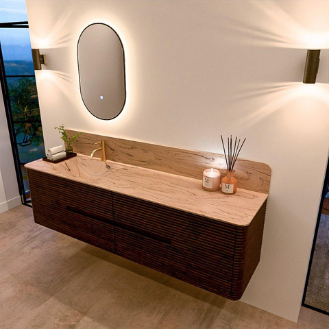 Mondiaz CIRO-DLUX Meuble de salle de bains - 180x45x50cm - Plan vasque en solid surface Arena - 1 lavabo à gauche - 1 trou de robinetterie - 4 tiroirs - Noyer SW1530439