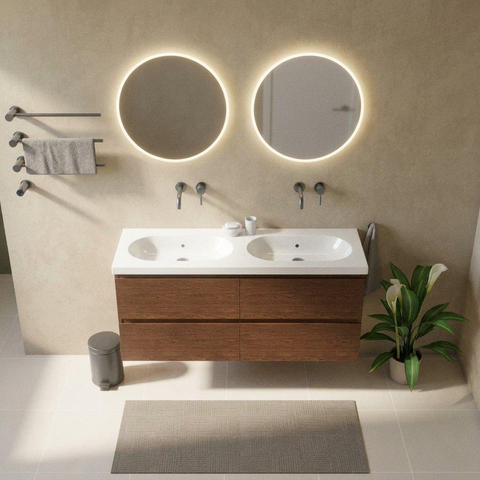 Saniclass Holz Pure Ensemble de meubles de salle de bains - 140x45x60cm - lavabo en céramique blanc - 2 vasques - sans trous de robinetterie - 4 tiroirs - mat walnut pure (bois) SW1580128