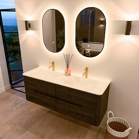 Mondiaz CIRO-DLUX Meuble de salle de bains - 140x45x50cm - Plan vasque solid surface Opalo - 2 vasques double - 2 perçages de robinet - 4 tiroirs - Shadow SW1532406