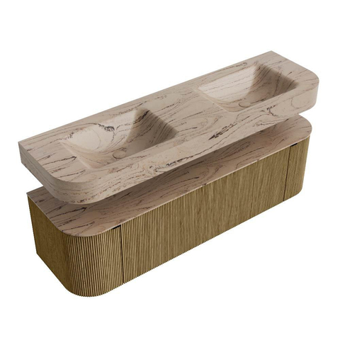 MONDIAZ THOR-DLUX 160cm meuble de salle de bains arrondi gauche + droite couleur Dusk avec 1 tiroir et 2 portes. Vasque suspendue CLOUD Double 2 trous de robinet couleur Arena. SW1465139
