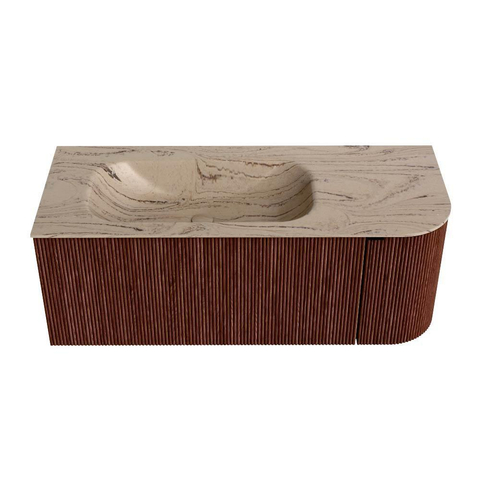 MONDIAZ KURVE-DLUX Meuble de salle de bains 115cm arrondi à droite couleur Ruby avec 1 tiroir et 1 porte. Lavabo BIG SMALL à gauche 1 trou de robinet Arena. SW1431498