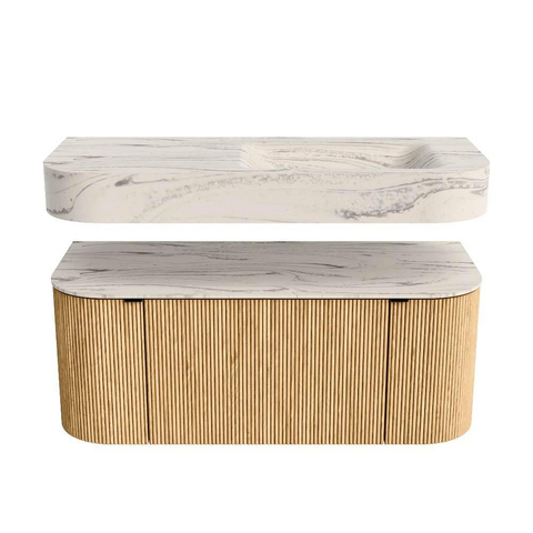 MONDIAZ THOR-DLUX 110cm badmeubel ronding links + rechts kleur Oak met 1 lade en 2 deuren. Vrijhangende wastafel CLOUD Rechts 1 kraangat kleur Nata. SW1462941