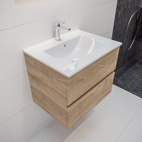 MONDIAZ VICA Badkamermeubelset - 60cm - 2 lades - wasbak Denia midden - 1 kraangat - keramiek washed oak SW409998