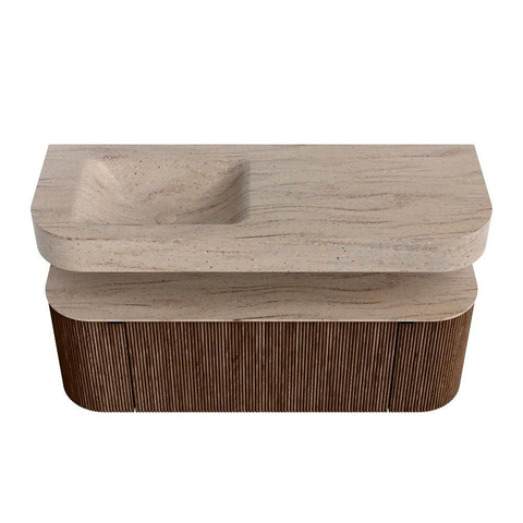 MONDIAZ THOR-DLUX 130cm badmeubel ronding links + rechts kleur Walnut met 1 lade en 2 deuren. Vrijhangende wastafel CLOUD Links zonder kraangat kleur Saba. SW1464047