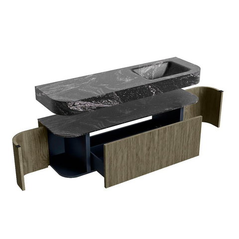MONDIAZ THOR-DLUX 150cm meuble de salle de bains arrondi gauche + droite couleur Shadow avec 1 tiroir et 2 portes. Vasque suspendue CLOUD Droite 1 trou de robinet couleur Lava. SW1464706
