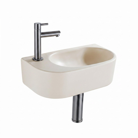 QeramiQ Fuente Fontein - 38x18.5x9cm - keramiek - fonteinkraangat links - fonteinkraan geborsteld gunmetal- verlaagd sifon - afvoerplug - linnen SW1582103