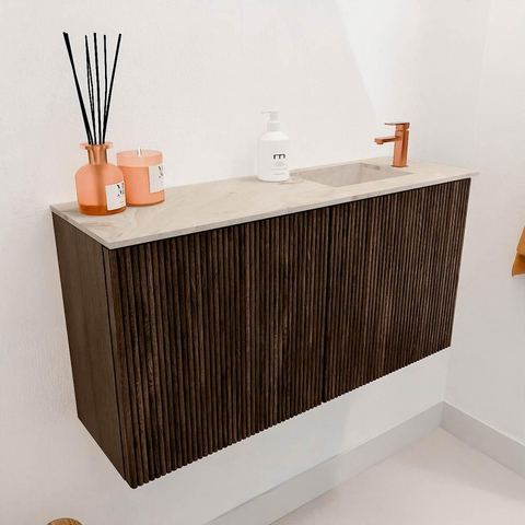 Mondiaz JOYA-DLUX 80cm toiletmeubel - kleur Walnut - Wastafel FAYE positie Rechts 1 kraangat kleur Frappe. SW1422284