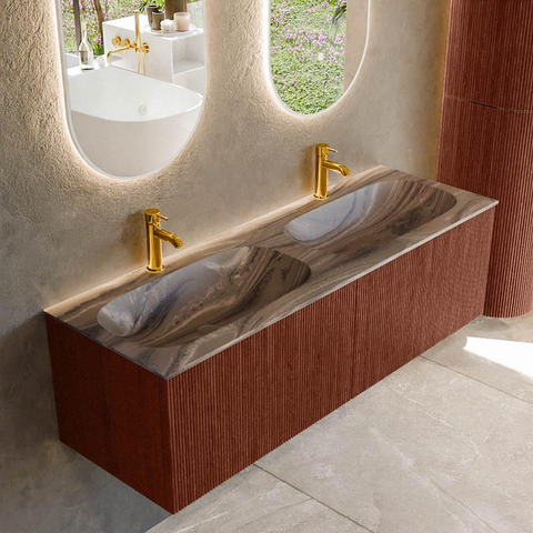 MONDIAZ KURVE-DLUX Meuble de salle de bains 140 cm couleur Ruby avec 2 tiroirs et 0 porte. Lavabo STOR SMALL Double 2 trous de robinet Sombra. SW1433998