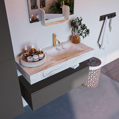 Mondiaz ALAN-DLUX Ensemble de meuble - 100cm - meuble Dark grey mat - 1 tiroir - Lavabo Cloud Frappe suspendu - vasque Droite - 1 trou de robinet SW804944