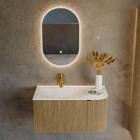 Mondiaz KURVE-DLUX Ensemble meuble de salle de bains - 85x46x40cm - 1 tiroir - 1 porte - lavabo solid surface - gauche - 1 trou de robinet - Dusk SW1414999
