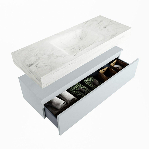 Mondiaz ALAN-DLUX Ensemble de meuble - 120cm - meuble Clay mat - 1 tiroir - Lavabo Cloud Opalo suspendu - vasque Centre - 0 trous de robinet SW806991