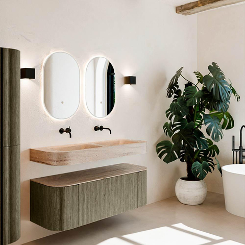 MONDIAZ THOR-DLUX 130cm meuble de salle de bains arrondi gauche + droite couleur Shadow avec 1 tiroir et 2 portes. Vasque suspendue CLOUD Double sans trou de robinet couleur Saba. SW1464149