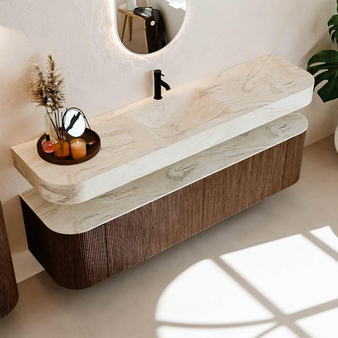 MONDIAZ THOR-DLUX 180cm meuble de salle de bains arrondi gauche + droite couleur Walnut avec 2 tiroirs et 2 portes. Vasque suspendue CLOUD Milieu 1 trou de robinet couleur Ostra. SW1465968
