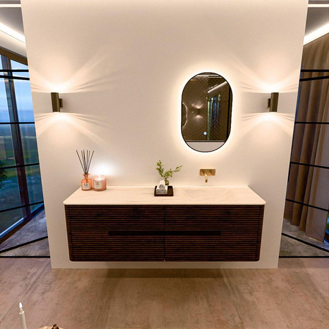 Mondiaz CIRO-DLUX Ensemble de meubles de salle de bains - 160x45x50cm - plan-vasque solid surface Meli - 1 lavabo à droite - sans trous de robinet - 4 tiroirs - Noyer SW1530533