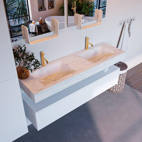 Mondiaz ALAN-DLUX Ensemble de meuble - 150cm - meuble Talc mat - 1 tiroir - Lavabo Cloud Opalo suspendu - vasque Gauche et droite - 2 trous de robinet SW806604