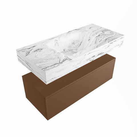 Mondiaz ALAN-DLUX Ensemble de meuble - 100cm - meuble Rust mat - 1 tiroir - Lavabo Cloud Glace suspendu - vasque Centre - 1 trou de robinet SW805833