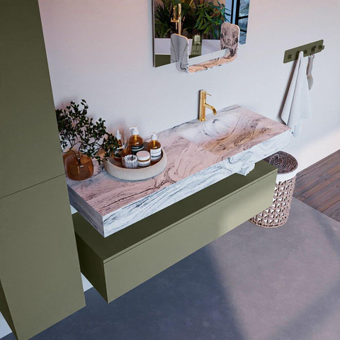 Mondiaz ALAN-DLUX Ensemble de meuble - 130cm - meuble Army mat - 1 tiroir - Lavabo Cloud Glace suspendu - vasque Droite - 1 trou de robinet SW806061