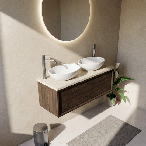 Saniclass Holz Frame Ensemble de meubles de salle de bains - 120x45x43cm - Plan de toilette en pierre naturelle travertin - 2 trous de robinetterie - 1 tiroir - chêne charcoal mat (bois) SW1478883