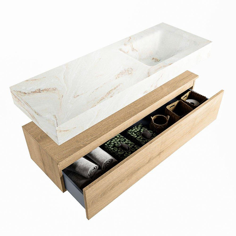 Mondiaz ALAN-DLUX Ensemble de meuble - 130cm - meuble Washed Oak mat - 1 tiroir - Lavabo Cloud Frappe suspendu - vasque Droite - 0 trous de robinet SW808643