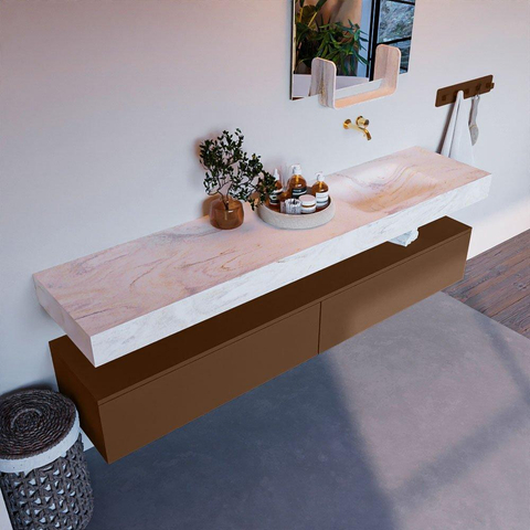 Mondiaz ALAN-DLUX Ensemble de meuble - 200cm - meuble Rust mat - 2 tiroirs - Lavabo Cloud Ostra suspendu - vasque Droite - 0 trous de robinet SW807666