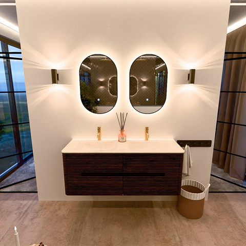 Mondiaz CIRO-DLUX Ensemble de meubles de salle de bains - 130x45x50cm - vasque solid surface Meli - 2 bassins Double - 2 trous de robinet - 4 tiroirs - Noyer SW1530497