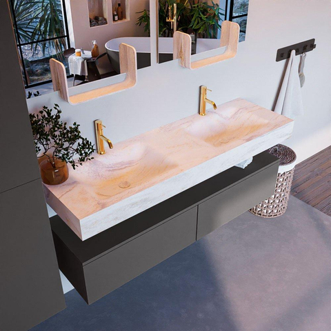 Mondiaz ALAN-DLUX Ensemble de meuble - 150cm - meuble Dark grey mat - 2 tiroirs - Lavabo Cloud Ostra suspendu - vasque gauche et droite - 2 trous de robinet SW807449