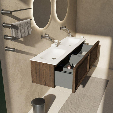 Saniclass Holz Frame Ensemble de meubles de salle de bains - 160x45x41.5cm - lavabo Flow en solid surface blanc - 2 vasques - sans trous de robinet - 2 tiroirs - chêne charcoal mat (bois) SW1478448