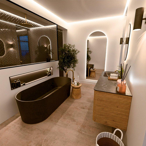 Mondiaz CIRO-DLUX Ensemble de meuble de salle de bains - 140x45x50cm - Vasque en solid surface Lava - 1 lavabo à gauche - 1 trou de robinet - 4 tiroirs - Chêne SW1531115