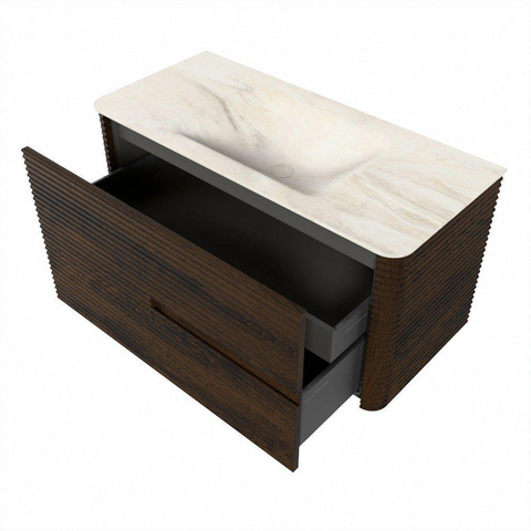 Mondiaz CIRO-DLUX Badkamermeubelset - 100x45x50cm - Solid surface wastafel Ostra - 1 wasbak Midden - 1 kraangat - 2 lades - Walnut SW1530346