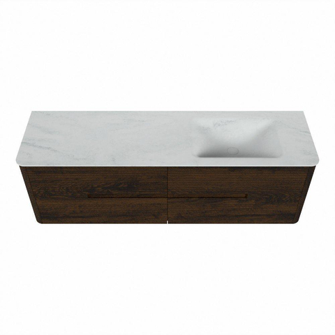 Mondiaz CIRO-DLUX Meuble de salle de bains ensemble - 160x45x50cm - plan vasque Solid surface Opalo - 1 lavabo à droite - sans trous de robinetterie - 4 tiroirs - Noyer SW1530333