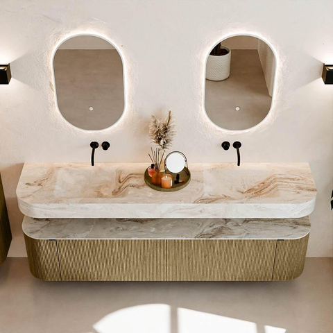 MONDIAZ THOR-DLUX Meuble de salle de bains - 200cm - arrondi gauche + droite - couleur Dusk - 2 tiroirs et 2 portes - Vasque suspendue CLOUD Double sans trou de robinet - couleur Frappe SW1466824