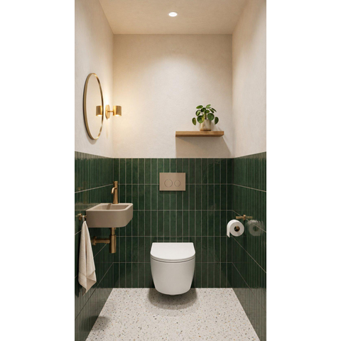 QeramiQ Dely Swirl Ensemble WC - 36.3x51.7cm - réservoir encastré Geberit UP320 - avec cadre Burda - abattant 35mm - plaque de commande beige - boutons ronds - blanc mat SW1164827