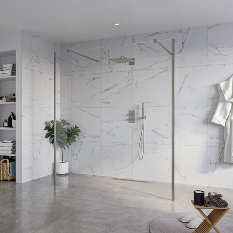 Fortifura Galeria Vrijstaande Inloopdouche - 180x200cm - helder - antikalk - 8mm veiligheidsglas - 2 zijwanden - 30cm - wandsteunen en hoekprofielen - PVD - geborsteld gunmetal (antraciet) SW992947