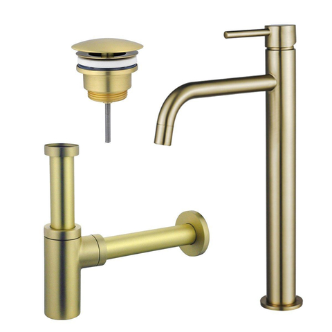 Fortifura Calvi Slim Wastafelkraanset - verhoogde wastafelkraan - always open plug - design - sifon - PVD - geborsteld messing (goud) SW911755