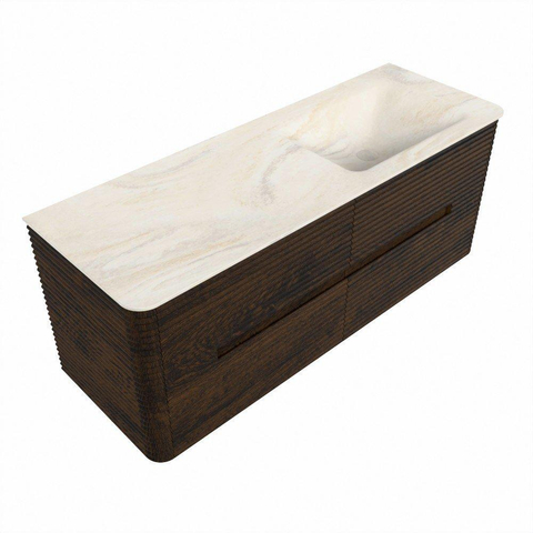Mondiaz CIRO-DLUX Badkamermeubelset - 130x45x50cm - Solid surface wastafel Ostra - 1 wasbak Rechts - 1 kraangat - 4 lades - Walnut SW1530384