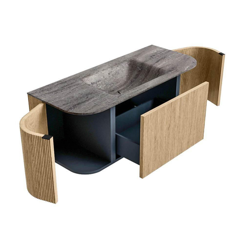 MONDIAZ KURVE-DLUX 110cm badmeubel ronding Links + Rechts kleur Oak met 1 lade en 2 deuren. Wastafel CLOUD Midden 1 kraangat Oza. SW1432631